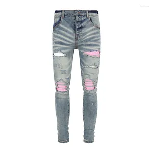 Jeans pour hommes Street Fashion Hommes Rétro Lavé Bleu Élastique Stretch Skinny Fit Ripped Rose Patché Designer Hip Hop Marque Pantalon