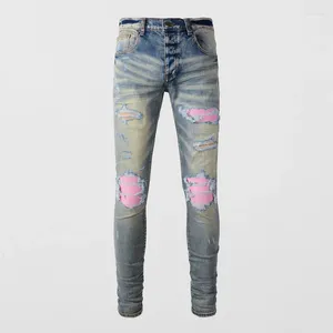 Herenjeans Street Fashion Heren Retro gewassen blauwe stretch skinny fit gescheurd roze leer gepatcht designer hiphop merkbroek