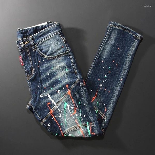 Jeans para hombres Street Fashion Hombres Retro Lavado Azul Elástico Slim Fit Pintado Ripped Empalmado Diseñador Hip Hop Biker Pantalones Hombre