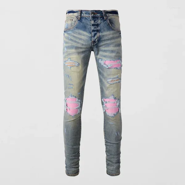 Jeans pour hommes Street Fashion Hommes Rétro Lavé Bleu Stretch Skinny Fit Ripped Rose Cuir Patché Designer Hip Hop Marque Pantalon