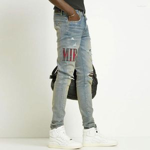 Hommes Jeans Street Fashion Hommes Rétro Jaune Bleu Élastique Maigre Déchiré Brodé Patch Designer Hip Hop Marque Pantalon Hombre