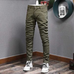 Heren jeans street mode heren jeans leger groen elastisch slank fit splicing designer fiets hiphop potloodbroek Q240509