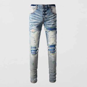 Jeans voor heren Street Fashion Herenjeans Retro blauwe elastische strakke jeans Jeans met open voorkant Heren Button Flight Patch Designer Hip Hop merkbroek J240328