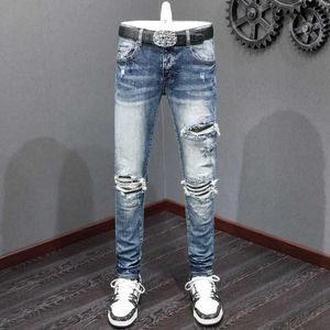 Jeans masculin jeans jeans mode homme vintage bleu élastique serré jeans avant jeans pour hommes patch en cuir pantalon hip hop marque hombre j240527