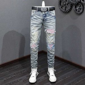 Jeans masculin jeans mode homme jeans vintage lavage bleu bleu élastique slim fit ouverte jeans avant mens rose cuir patch créateur de marque hip hop pantalon j240527