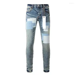 Herren Jeans Street Fashion Lila Retro Washed Blue Stretch Skinny Fit Knöpfe Zerrissene Männer gepatcht Designer Hip Hop Markenhose