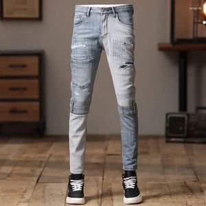 Heren jeans straat mode split retro licht blauw elastisch slanke fit paneel ontwerper hiphop fietsbroek hombre