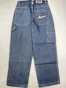 Jeans para hombres Street Fubu para hombres y mujeres Y2K Harajuku 90s Letras de hip-hop bordado azul retro suelto gótico pantalones de cintura alta