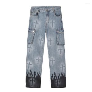 Jeans pour hommes rue haute rétro croix Graffiti ample droite Hip Hop marée marque Hiphop multi-poches pantalons décontractés TKP