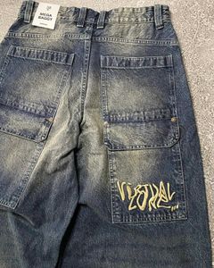 Jeans pour hommes Jeans de rue Y2K Hip Hop poche lettre broderie rétro bleu poche jean Harajuku hommes taille haute pantalon large J240328