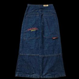 Jeans pour hommes Street rétro indigo imprimé couture taille haute jean large hip-hop punk vintage pantalon en denim droit pour hommes et femmes T231222