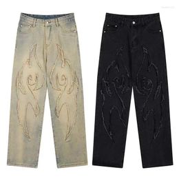 Jeans para hombres Street Retro Borde crudo Bordado Baggy Hombres Moda Hip Hop Mujeres Patchwork Pantalones de mezclilla de cintura alta