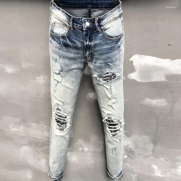 Jeans para hombres Calle Retro Costuras rasgadas Hombres Pantalones de motocicleta Luz Azul Punk Hip Hop Diseñador Casual para