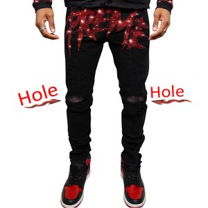 Pantalones vaqueros para hombre Street Sexy Hole Pants Drill Ripped Skinny Pantalones Slim Biker Outwears Men Black Denim Pencil 230216