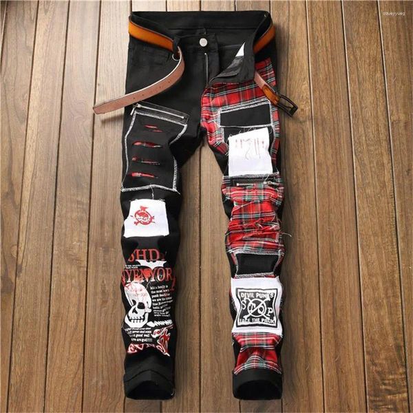 Jeans pour hommes Style de rue Patch de couleur assortie pantalons décontractés chaussures extensibles noir imprimé Punk