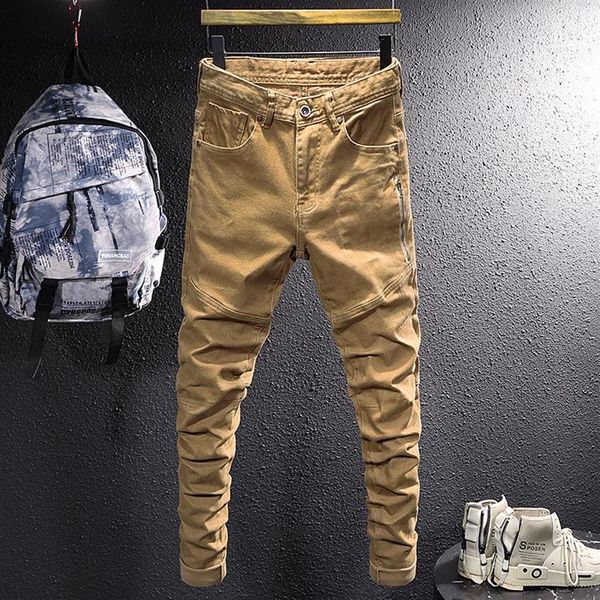 Jeans para hombres Street Style Moda Hombres Color Caqui Elástico Slim Fit Hip Hop Cremallera Empalmado Diseñador Casual Denim Punk Pants2389