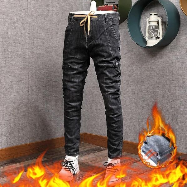 Pantalones vaqueros para hombre Estilo callejero Moda Hombre Retro Negro Gris Elástico Casual Terciopelo Cálido Empalmado Diseñador Hip Hop Pantalones Harem de mezclilla