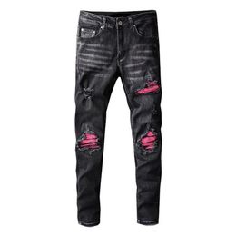 Herenjeans Street Tide High Youth Pink Spell Echt leer Gebroken patch Groot formaat Micro-elastisch Zwart Heren3029