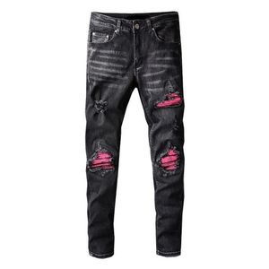 Jeans pour hommes Street Tide High Youth Pink Spell Véritable Cuir Broken Patch Grande Taille Microélastique Noir Men256k