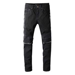 Jeans pour hommes Tendance de la rue Tendance du genou Roller Black Zipper Jeans Elastic Slim Couture Pantalon Moto Couture