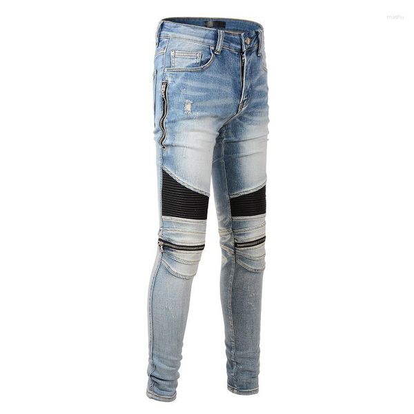 Jeans pour hommes Streetwear Style de mode classique coupe ajustée en détresse fermetures à glissière latérales motards moto Skinny Stretch côtes déchirées pour hommes