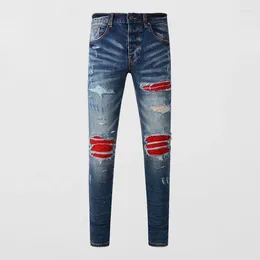 Jeans para hombres Streetwear Diseñador de moda Hombres Retro Azul oscuro Elástico Flaco Ajuste Botón Arrancado Rojo Parcheado Hip Hop Marca Pantalones