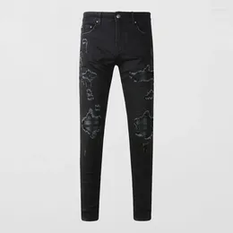Jeans pour hommes Streetwear Fashion Designer Hommes Noir Élastique Stretch Skinny Fit Ripped Cuir Patché Hip Hop Marque Pantalon