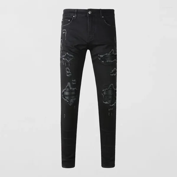 Jeans para hombres Streetwear Diseñador de moda Hombres Negro Elástico Estiramiento Flaco Ajuste Rasgado Cuero Parcheado Hip Hop Marca Pantalones