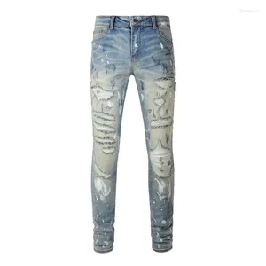 Heren jeans streetwear mode verontruste silm fit licht blauw beschadigde gaten kleurstof patchwork gescheurde stretch graffiti broek