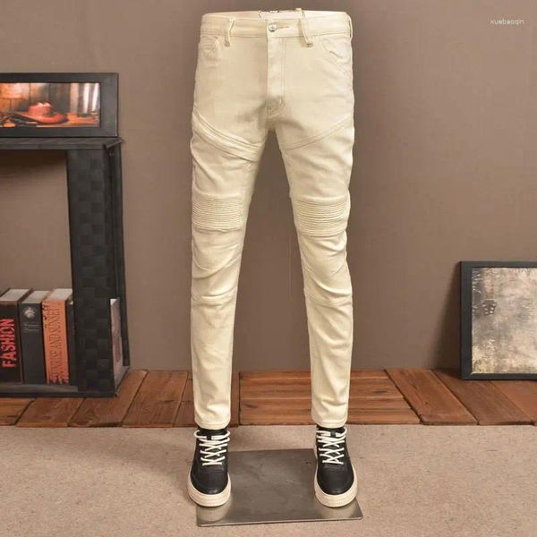 Jeans pour hommes Streetwear Mode Hommes Beige Jaune Stretch Skinny Fit Épissé Designer Biker Patché Hip Hop Denim Pantalon Hombre
