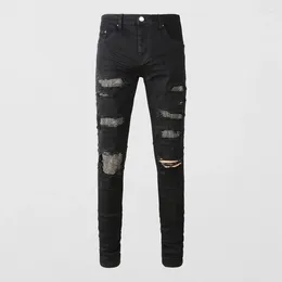 Jeans pour hommes Streetwear Mode Hommes Noir Élastique Skinny Pantalon Stretch Ripped Perles Patché Designer Hip Hop Marque Pantalon