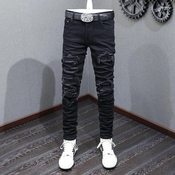 Jeans para hombres Streetwear Moda Hombres Alta Calidad Estiramiento Negro Flaco Ajuste Ripped Parcheado Diseñador Blanco Hip Hop Marca Pantalones