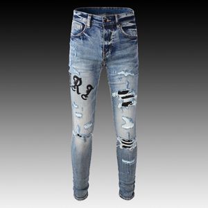 Heren jeans streetwear mode mannen jeans retro licht blauw elastische slanke fit gescheurde jeans mannen merk patch -ontwerper hiphop punk broek HOMBRE 230524