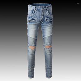 Jeans pour hommes Streetwear Fashion Men Retro Light Blue Elastic Slim Fit Brand de créateur épissé Hip Hop Biker Homme