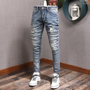 Hommes Jeans Streetwear Mode Hommes Rétro Bleu Élastique Slim Fit Détruit Déchiré Vintage Designer Casual Denim Pantalon Hombre