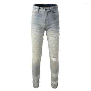 Jeans pour hommes Streetwear Mode Hommes Rétro Gris Bleu Élastique Slim Fit Trou Ripped Imprimé Designer Hip Hop Marque Pantalon Hombre