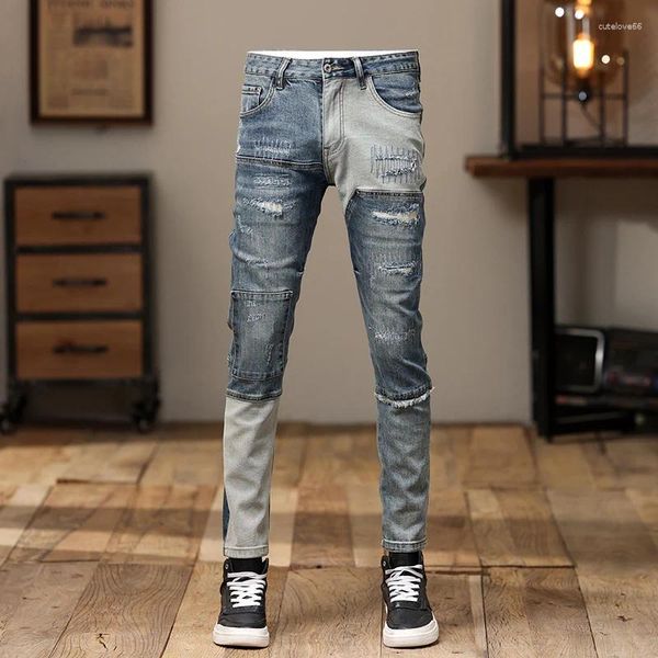 Jeans pour hommes Streetwear Mode Hommes Rétro Bleu Stretch Skinny Fit Ripped Spliced Designer Patché Hip Hop Denim Crayon Pantalon