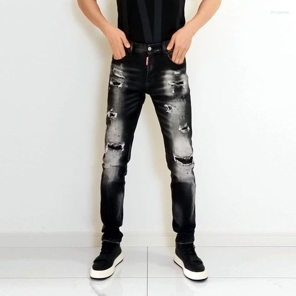 Pantalones vaqueros para hombre, ropa de calle, moda para hombre, Retro, negro, gris, elástico, ajustado, destruido, rasgado, diseñador de marca, pantalones vaqueros de Hip Hop