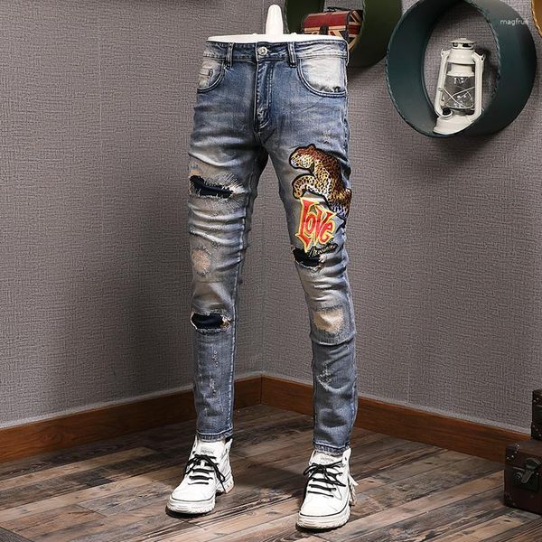 Jeans Men's Jeans Streetwear Fashion Men Retro Blue STRING Fit Vintage Reped Leopard Patch Designer Hip Hop Pants Hombre