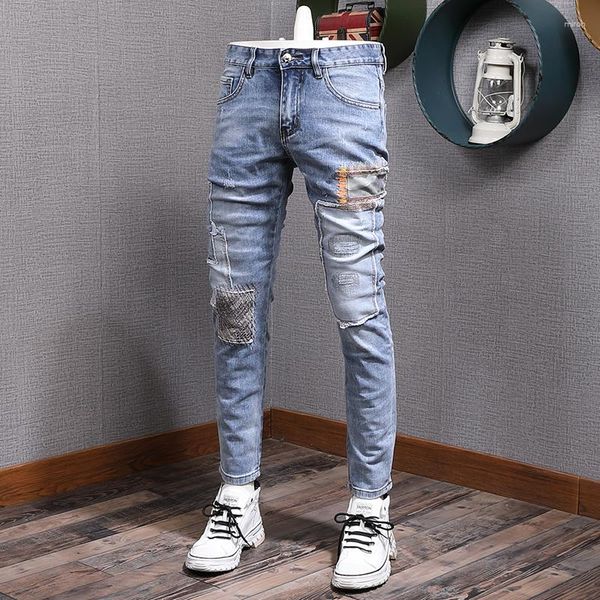 Hommes Jeans Streetwear Mode Hommes Rétro Bleu Élastique Slim Fit Déchiré Épissé Designer Patch Hip Hop Denim Punk Pantalon Hombre