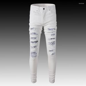 Pantalones vaqueros para Hombre, ropa de calle, moda para Hombre, elástico blanco, ajustado, destruido, rasgado, parcheado, marca de diseñador, pantalones Punk de Hip Hop para Hombre