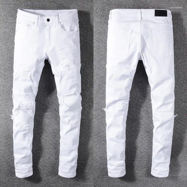 Jeans para hombres Streetwear Moda Hombres Blanco Estiramiento Slim Ripped Elástico Punk Pantalones Parche Diseñador Hip Hop Marca Pantalones Hombre