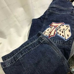 Jeans pour hommes Streetwear JNCO Jeans Y2K Hip Hop Numéro 7 Dés Graphique Brodé Rétro Bleu Baggy Jeans Hommes Femmes Taille Haute Pantalon Large T240126