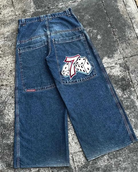 Jeans pour hommes Streetwear JNCO Jeans Y2K Hip Hop numéro 7 dés graphique brodé rétro bleu Baggy Jeans hommes femmes taille haute pantalon large T240117