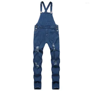 Jeans masculin streetwear hommes trous hiphops élégants sangle maigres mâle bib combinaison combinaison pantalon en jean