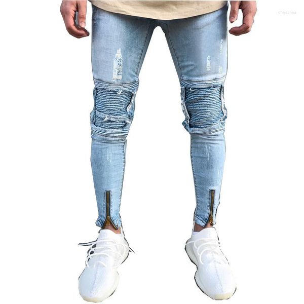 Jeans pour hommes Streetwear hommes droites hommes sangles latérales fermetures éclair Biker décontracté Slim Fit bleu Goth pantalon Punk Skinny Denim pantalon