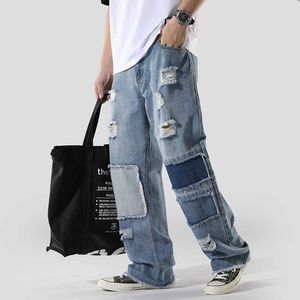 Heren jeans streetwear patchwork borduurwerk heren jeans fringe hiphop denim broek oversized kleurblok lepel lonastic losse broek hip hop z0225