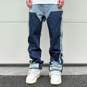 Jeans pour hommes Streetwear Speckle Ink Couleur Assortie Y2K Pack pour hommes Jeans Patch Work Angry Edge Micro Denim Machine à écrire Ultra Fine Loose Goods 230720