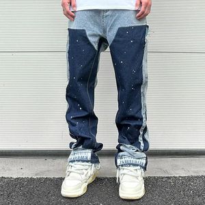 Jeans pour hommes Streetwear Moucheté Encre Couleur Match Y2K Baggy pour hommes Patchwork Rage Fringe Micro Denim Pantalon Surdimensionné Lâche Cargos