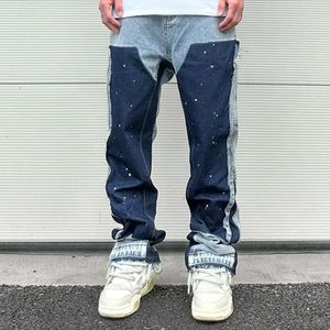 Men S Jeans Streetwear Speckled Ink Color Match Y2K Baggy for Men Patchwork Rage Fringe Micro Denim Pantalons surdimensionnés Cargos en vrac Winter01 586